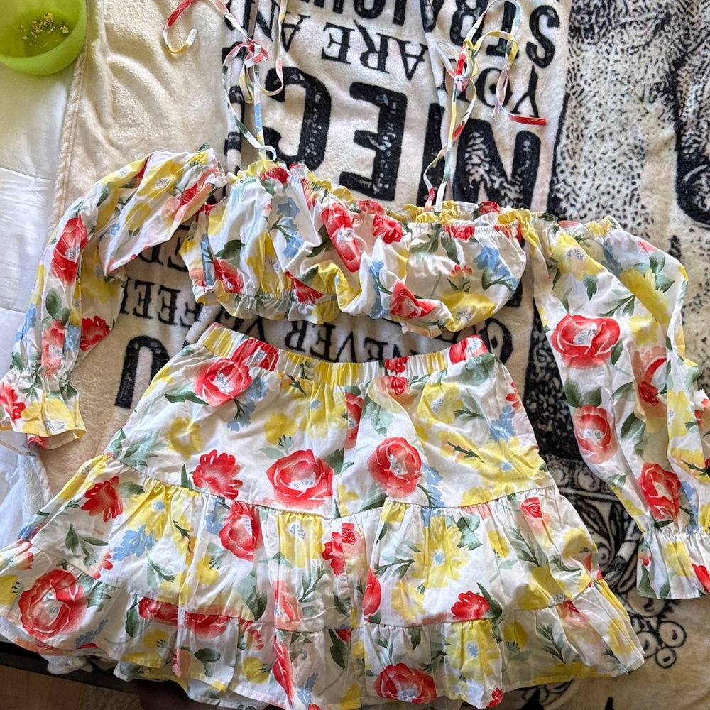 Floral Off-Shoulder Set with Ruffle Details